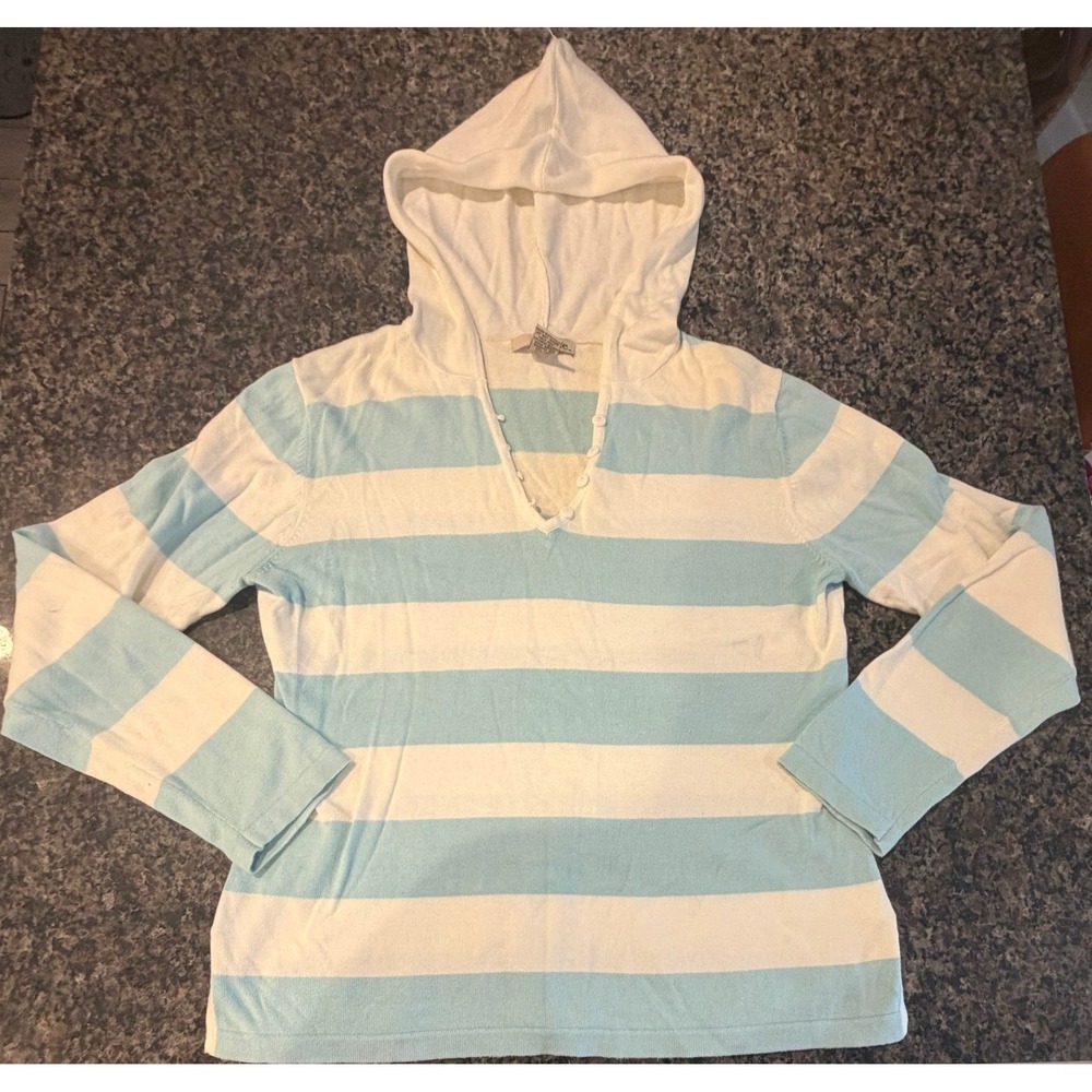 Evie Womens Blue White Striped Cotton Hooded Knit Sweater‎ V-Neck Size Large